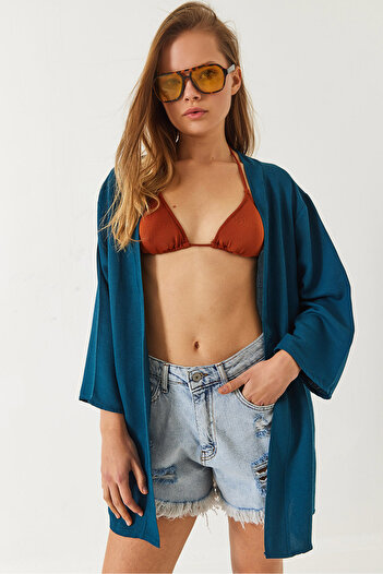Bianco Lucci Women's Linen Textured Short Basic Kimono 60261496