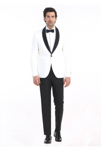 Ramsey Ecru Plain Modern Fit Shawl Collar Woven Tuxedo Suit