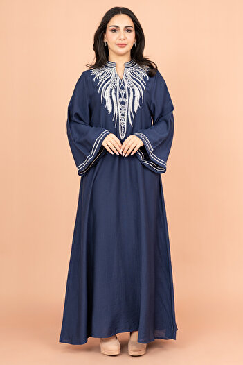 IKKXA Embroidered Solid Jalabiya with Stylish Mandarin Collar