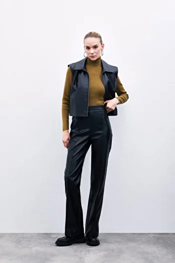 Sateen High Waist Leather Pants - Black