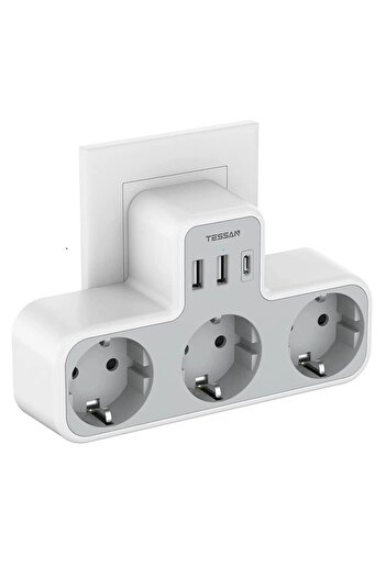 Choice European plug TS-323-C-GR TESSAN EU Plug Power Strip with 3 AC Outlets +2 USB Ports+ 1 Type C, 6-in-