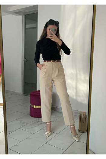 Zem Kemerlı Boru Paça Kumaş Pantolon Krem