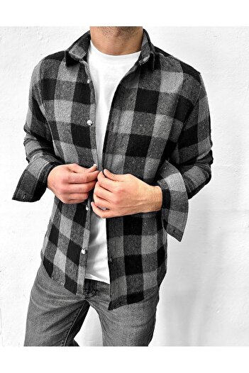 King Brothers Ανδρικό πουκάμισο ξυλοκόπο Slim Fit Slim Fit Μαύρο και άσπρο καρό μακρυμάνικο