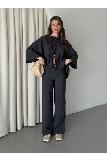 Laluvia Anthracite Bat Sleeve Lacing Button Detailed Suit - 9002