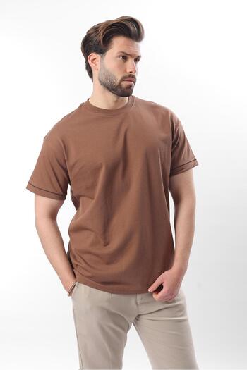 Madmext Ανδρικό μπλουζάκι Brown Crew Neck Shepherd's Stitched Overfit E7103