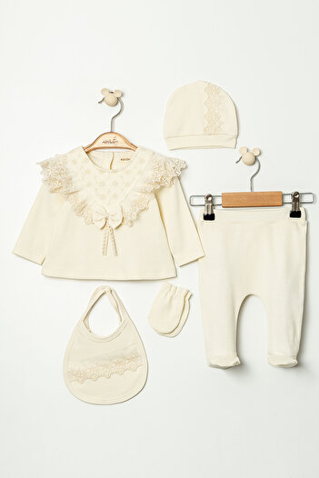 MİNİBORN New Born Girl Long Sleeve Ecru Reported Collar Embroidered Roana Set of Five