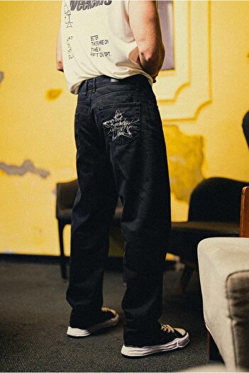 ablukaonline Erkek Baskılı Baggy Jean Pantolon Siyah