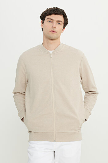 AC&Co / Altınyıldız Classics Erkek Bej Pamuklu Standart Fit Normal Kesim Fermuarlı Kolej Yaka Yan Cep Sweatshirt Ceket