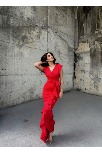 Mekafashion Berlin Ruffle Detail Slit Evening Dress582843 RED
