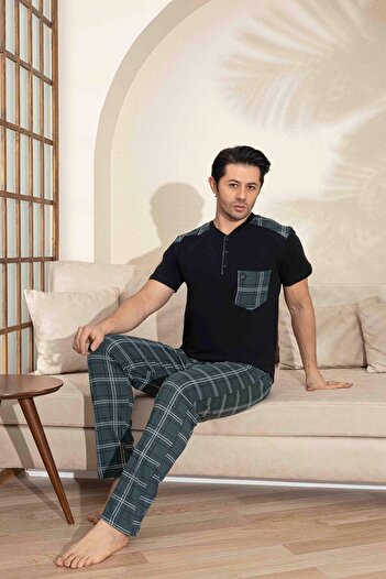 Tarık Erkek %100 Pamuk Penye Yarım Düğme Ekose Desen Cepli Kısa Kollu Pijama Takımı