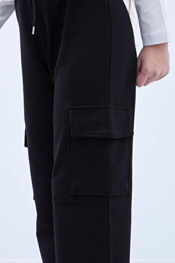 Perendi Beli Lastikli Kız Çocuk Kargo Pantolon Siyah