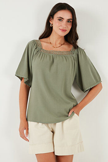 Lela Laced Regular Fit Square Neck Blouse Bluz 5869003