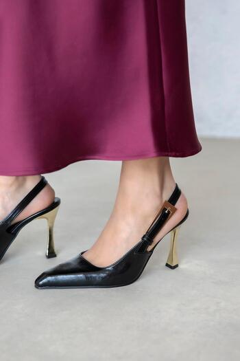 STRASWANS Women's Heeled Wrinkled Leather Shoes - Black