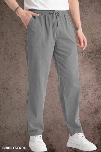 BİRBEYSTORE Summer Linen Trousers Raw Cloth Sweatpants Elastic Waist Unisex Comfortable Fit
