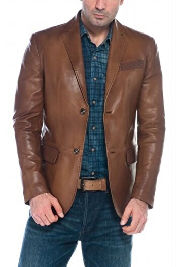 DeriWork Genuine Lambskin Leather Jacket with Button Detail, Tan