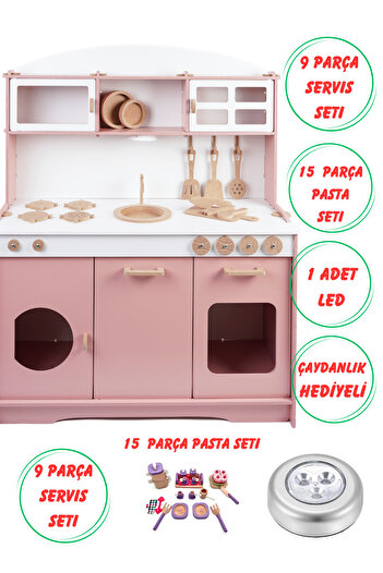 HOBBY HOUSE Ahşap Oyuncak Mutfak Seti 16 Pasta Seti ve Led Hediyeli