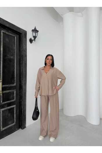 aytenli Shirt Collar Cuffed Sleeve Side Slit Shirt Elastic Waist Pocket Fitted Wide Cut Pants Suit