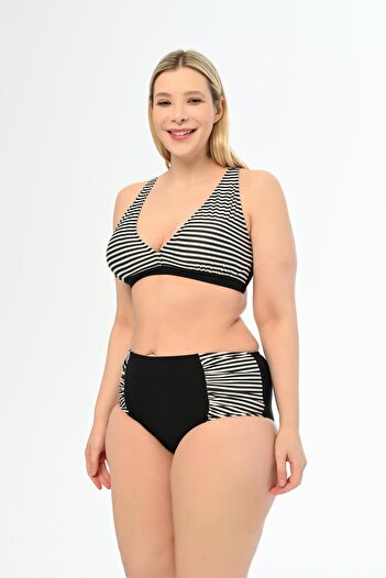 AQUAVİVA Aquaviva Women's Black Thin Striped Plus Size High Waist Butterfly Bikini Set