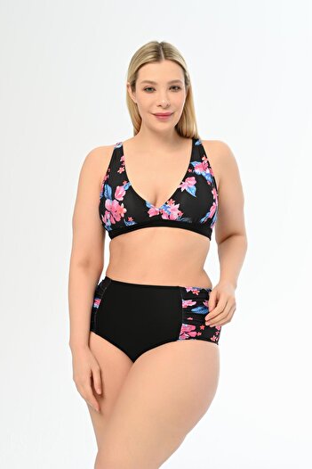 AQUAVİVA Large Size Black Pink Floral Bikini Set with High Waist and Butterfly Print - Aquaviva