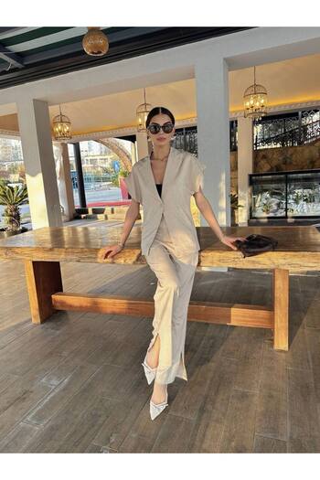 MEECY Women's Cream Linen Double Set