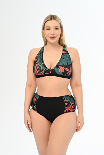 AQUAVİVA Aquaviva Women Black Leaf Pattern Plus Size High Waist Butterfly Bikini Set