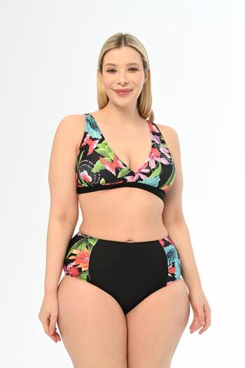 AQUAVİVA Aquaviva Women Black Wind Rose Pattern Plus Size High Waist Butterfly Bikini Set