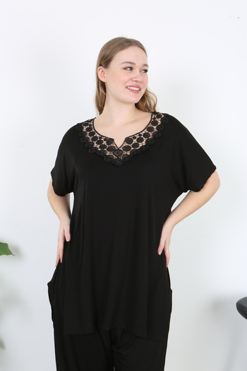 XL Modam Women's Black Collar Detail Lycra Large Size Tunic