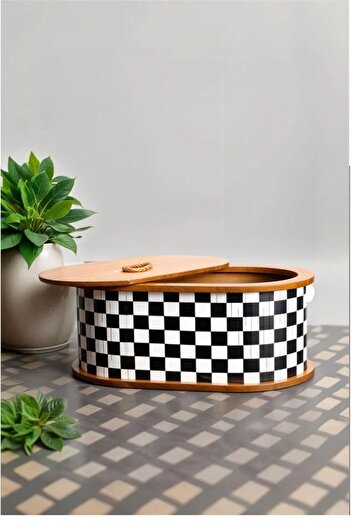 Turkco Patterned Wooden Bread Bowl with Lid Modern Storage Solution for Your Kitchen 34X21X15Cm
