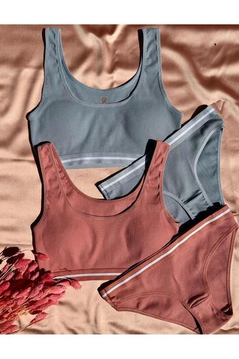 Elosia Soleya 2-Piece Camisole Fabric Padded Bra and Slip Panty Set 45E11 (Dusty Rose and Light Blue)