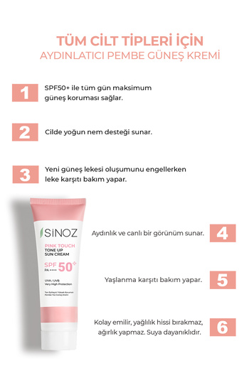 SİNOZ Pink Touch SPF 50 - Růžový opalovací krém na obličej 50 ml, ekvalizér pro rozjasnění pleti