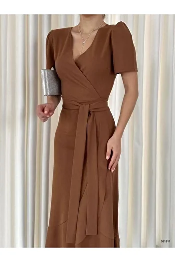 Emirela Double Breasted Collar Short Sleeve Flounced Belted Midi Length Dress Coffee 581811