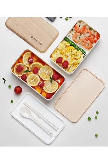 COOYA Wooden Double Layer Lunch Box, with Chopsticks and Spoons, Portable, White