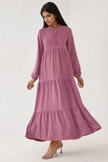 Hiccup Textured Tie Detail Crew Neck Modest Dress