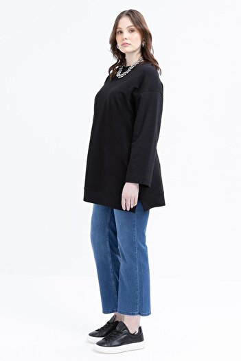 ALLDAY Black-Embroidered Crew Neck Lycra Plus Size Tunic