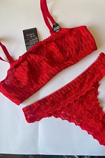 Moldina Women's Red Underwire Lace Bustier Bra Set