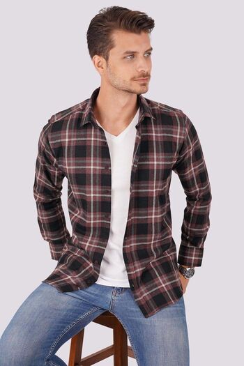 Etikmen Claret Red and White Striped Slimfit Lumberjack Shirt with Gift Box