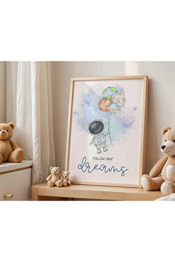 Peppy Rooms Doğal ahşap çerçeveli tablo,astronot,uzay,çocuk odası dekorasyonPEPPY-120