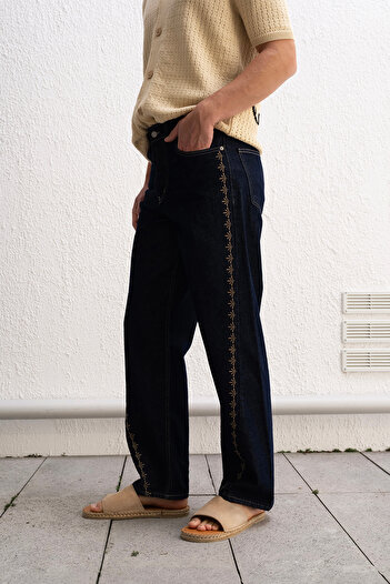 GIESTO Navy Blue Jean with Embroidery Detail