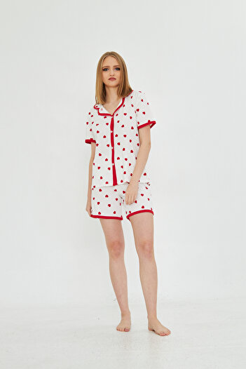 Avones Women's Short Sleeve Button Front Heart Patterned Shorts Pajama Set
