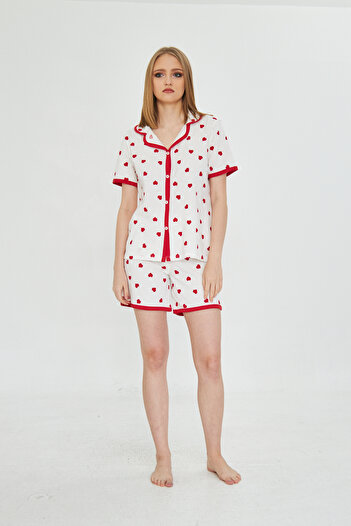 Avones Women's Short Sleeve Button Front Heart Patterned Shorts Pajama Set