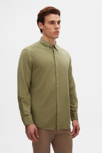 D'S Damat Ds Damat Comfort Green Buttoned Collar Relaxed Cut Linen Look 100% Cotton Shirt