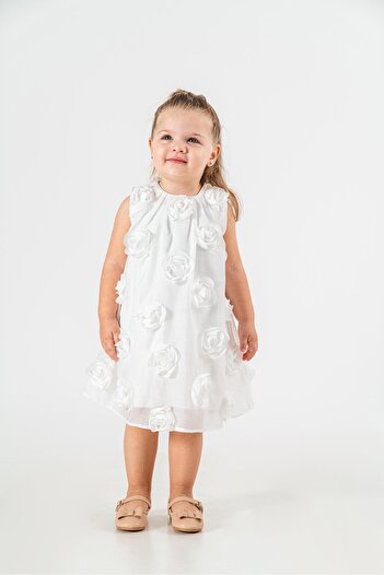 Magu White 3D Rose Detailed Girl's Dress – Sleeveless, Cotton, Special Daily