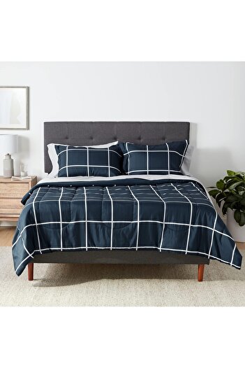 erorex Lightweight Microfiber 7 Piece Bed In A Bag Comforter Bedding Set Full Queen Navy With Simple Plaid