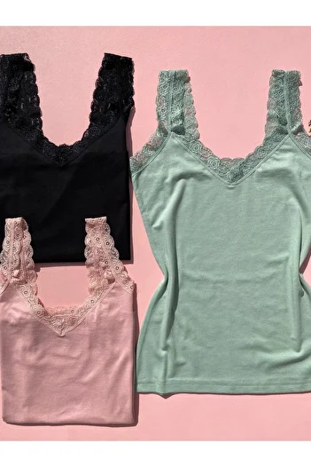LEYNA BUTİK Women's Modal Fabric Lace Strap V-Neck 3-Piece Black, Powder, Green Undershirt