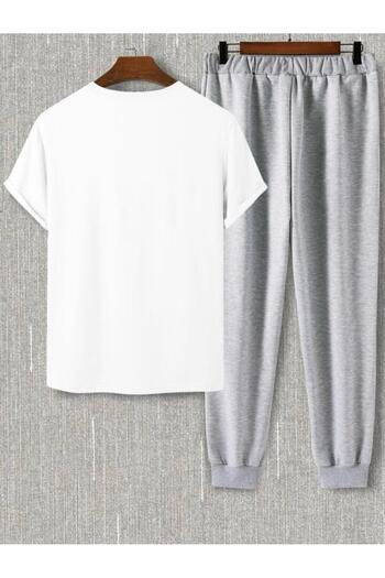 LA VESTİTİ Unisex Oversize White Printed T-Shirt-Grey Jogger Tracksuit