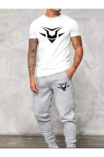 LA VESTİTİ Unisex Oversize White Printed T-Shirt-Grey Jogger Tracksuit