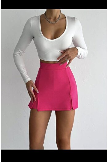 Butik Merrline Γυναικεία ροζ ζακάρ άνετη υφασμάτινη κοντή φούστα με διπλό σκίσιμο