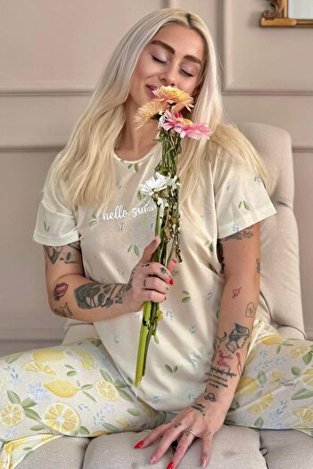 Pijamaevi Yellow Green Hello Summer Patterned Knitted Short Sleeve Women's Pajamas Set