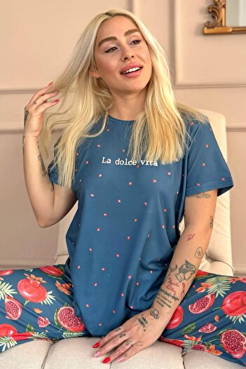Pijamaevi Petrol Vita Patterned Knitted Short Sleeve Women's Pajama Set