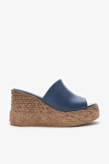 Louis Cardy Gebb Denim Blue Genuine Leather Women's Wedge Heel Slippers